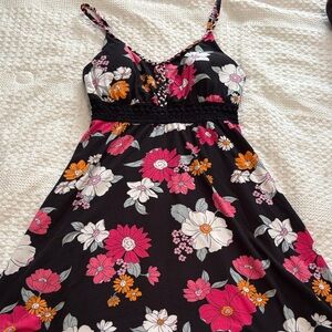 NOBO Black Floral Mini Dress with Pink, White & Orange Flowers